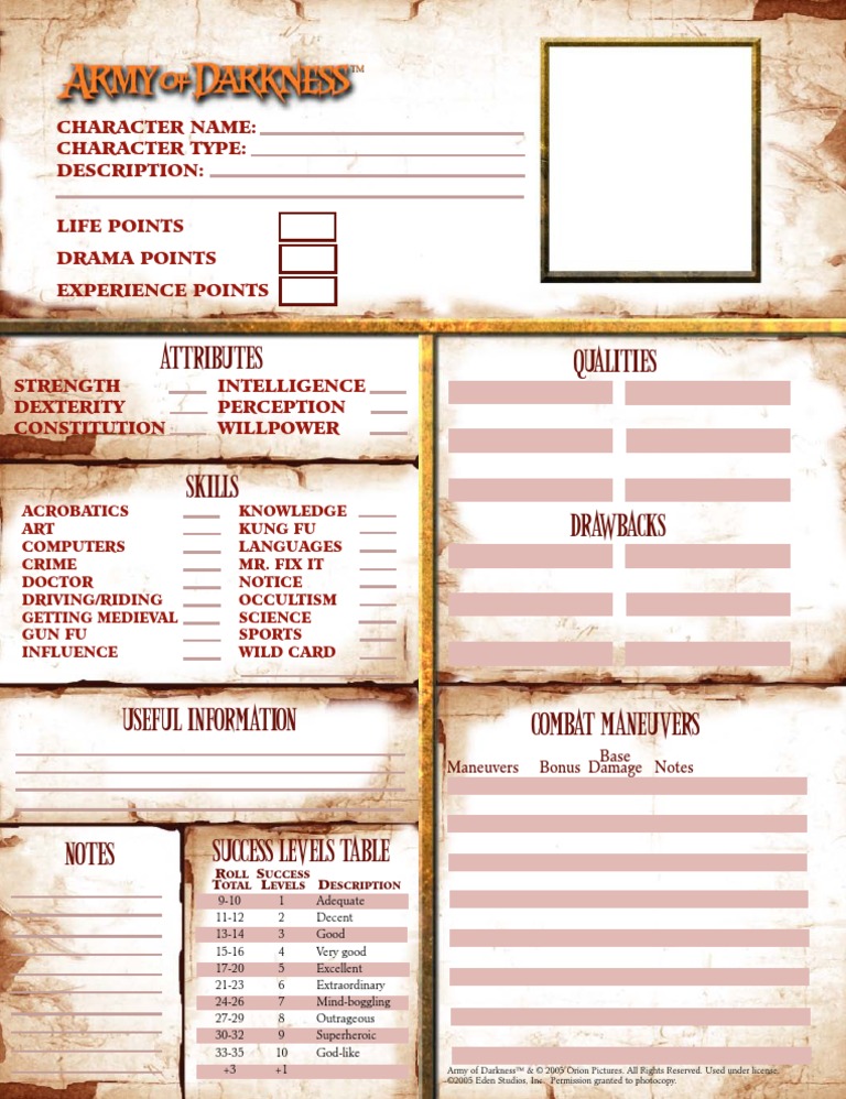 Army of Darkness Character Sheet PDF