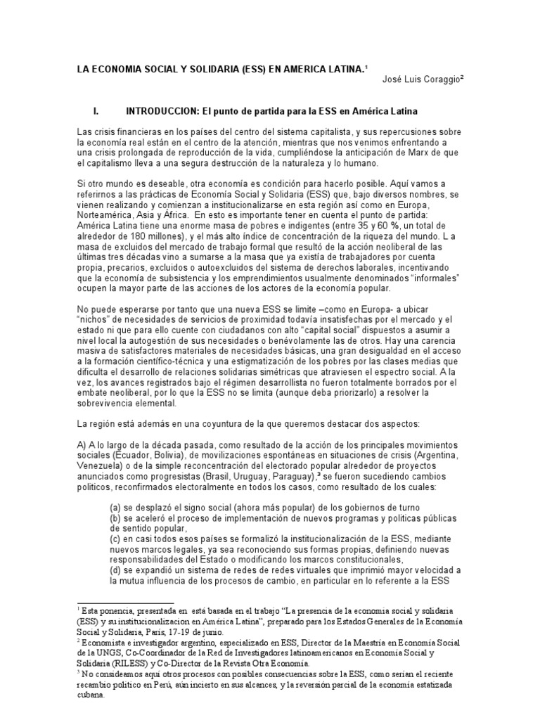 La Economia Social y Solidaria (ESS) en America Latina | PDF