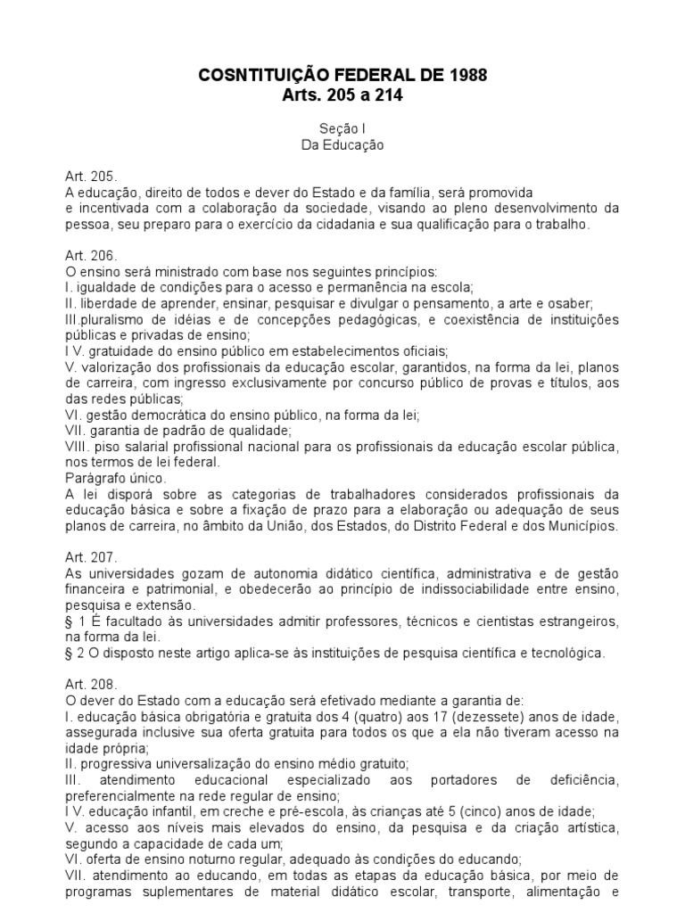 Educação na Constituição de 1988: Artigos 205-214 | PDF | Pré-escola ...