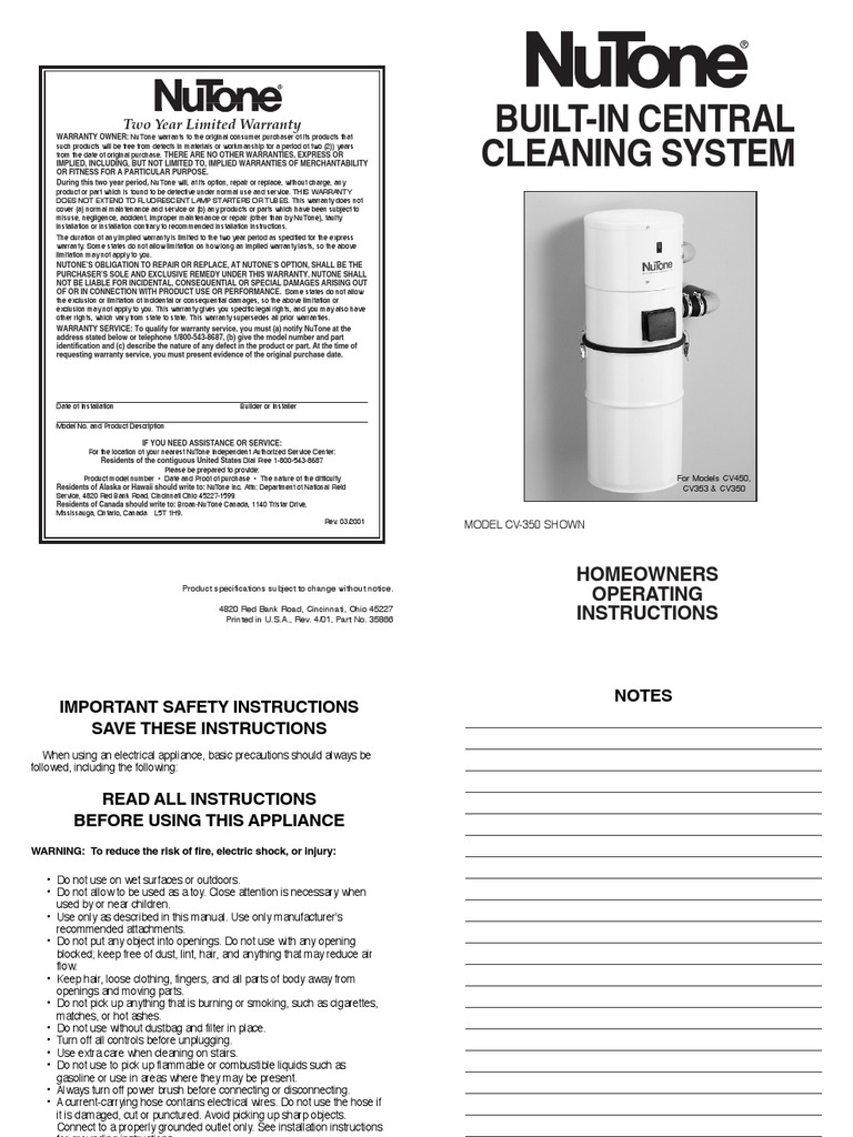 NuTone CV353 Manual Vacuum Cleaner Housekeeping