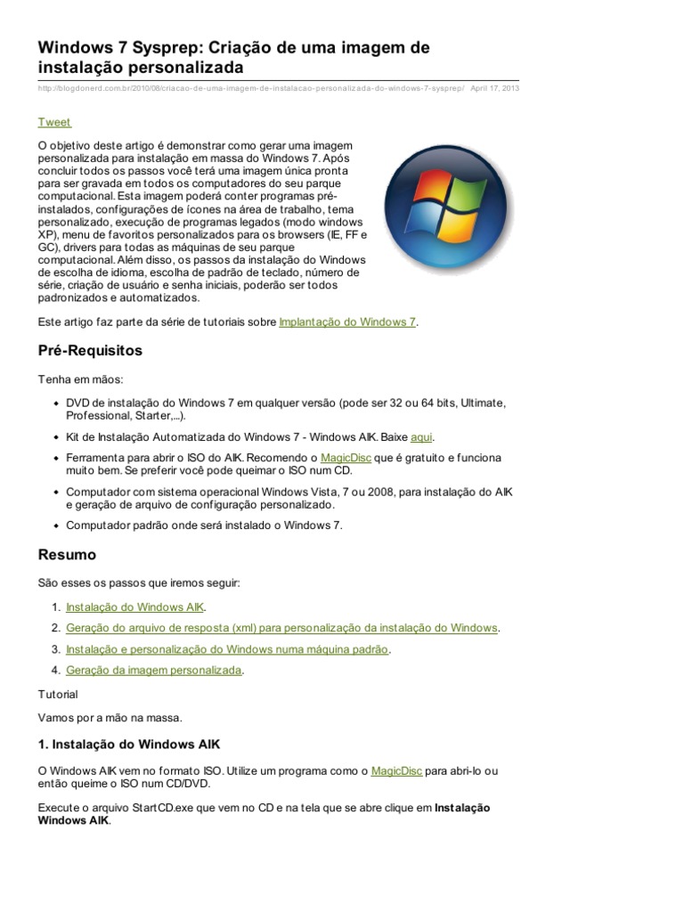 Windows 7 Sysprep Criao De Uma Imagem De Instalao Personalizada.
