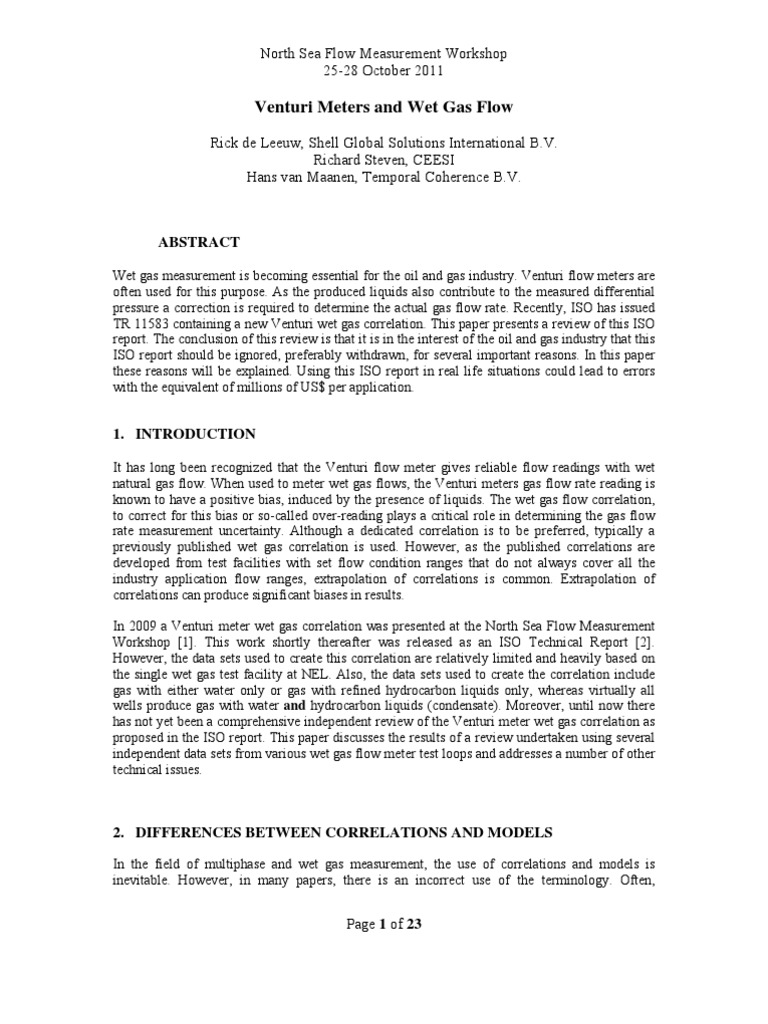 Venturi Meters and Wet Gas Flow | PDF | Flow Measurement | Experiment