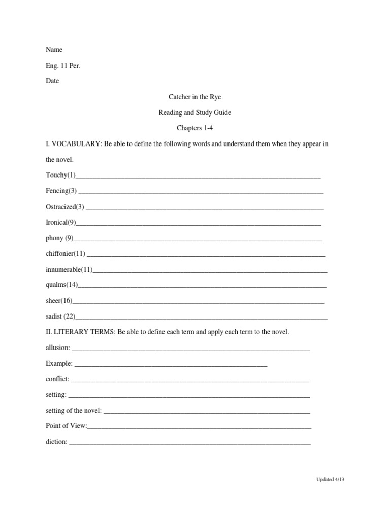 Catcher in The Rye Study Guide Ch1-4 | PDF | Books