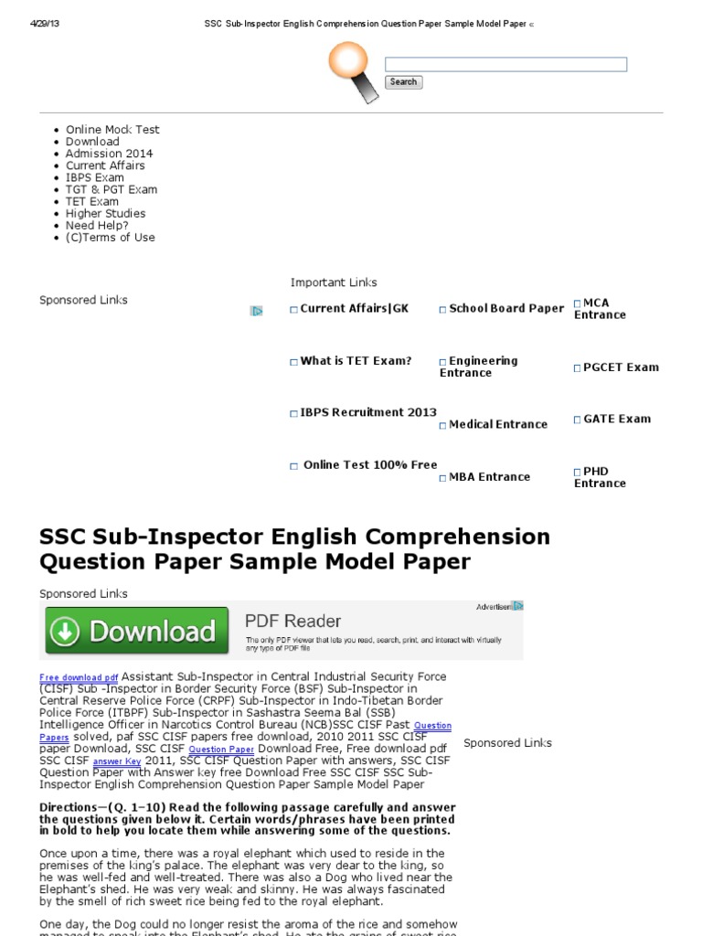 SSC Sub-Inspector English Comprehension Question Paper Sample Model ...