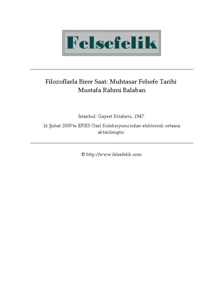 Mustafa Rahmi Balaban Filozoflarla Birer Saat Muhtasar Felsefe Tarihi 1947 Pdf