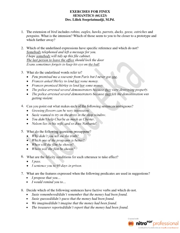 Semantics Exercises for Linguistics Students | PDF