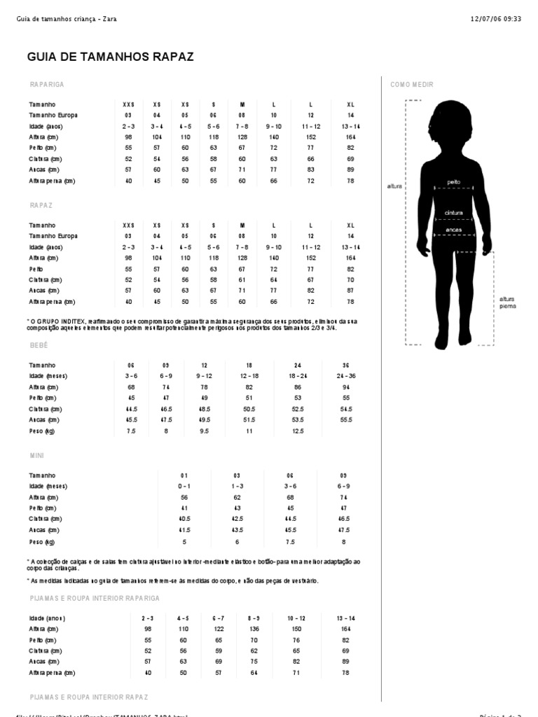 Tamanhos Zara Roupas Bens de Consumo