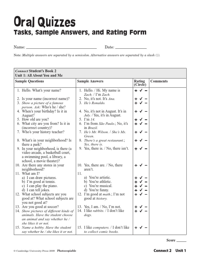 Oral Quizzes: Tasks, Sample Answers, and Rating Form | PDF