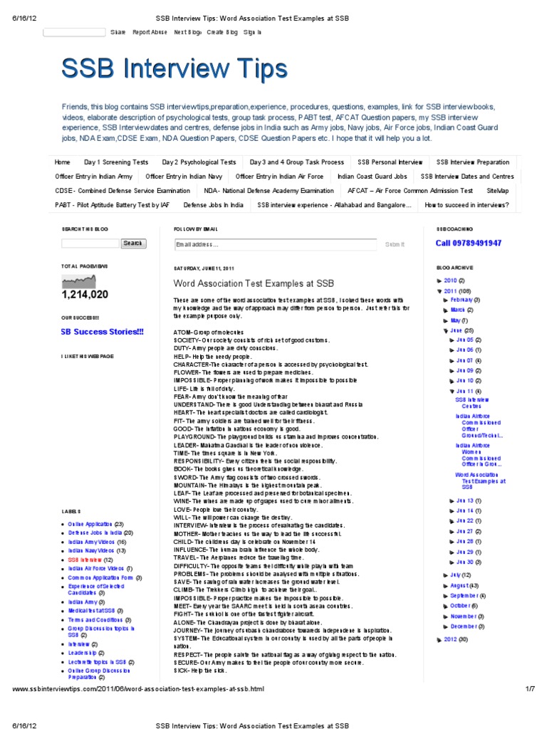 SSB Interview Tips Word Association Test Examples At SSB PDF Test Assessment Armed 