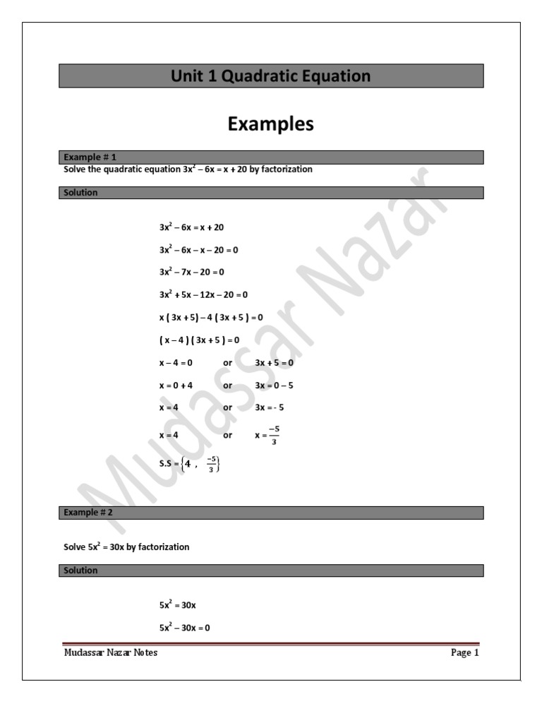 Unit 1 Quadratic Equation Examples | PDF | Quadratic Equation | Equations