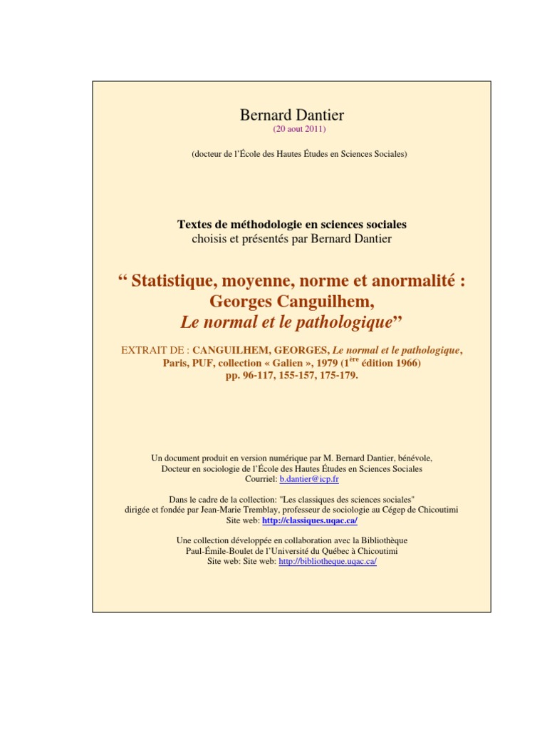 Normal Et Le Pathologique, Le Canguilhem PDF Homo sapiens Moyenne
