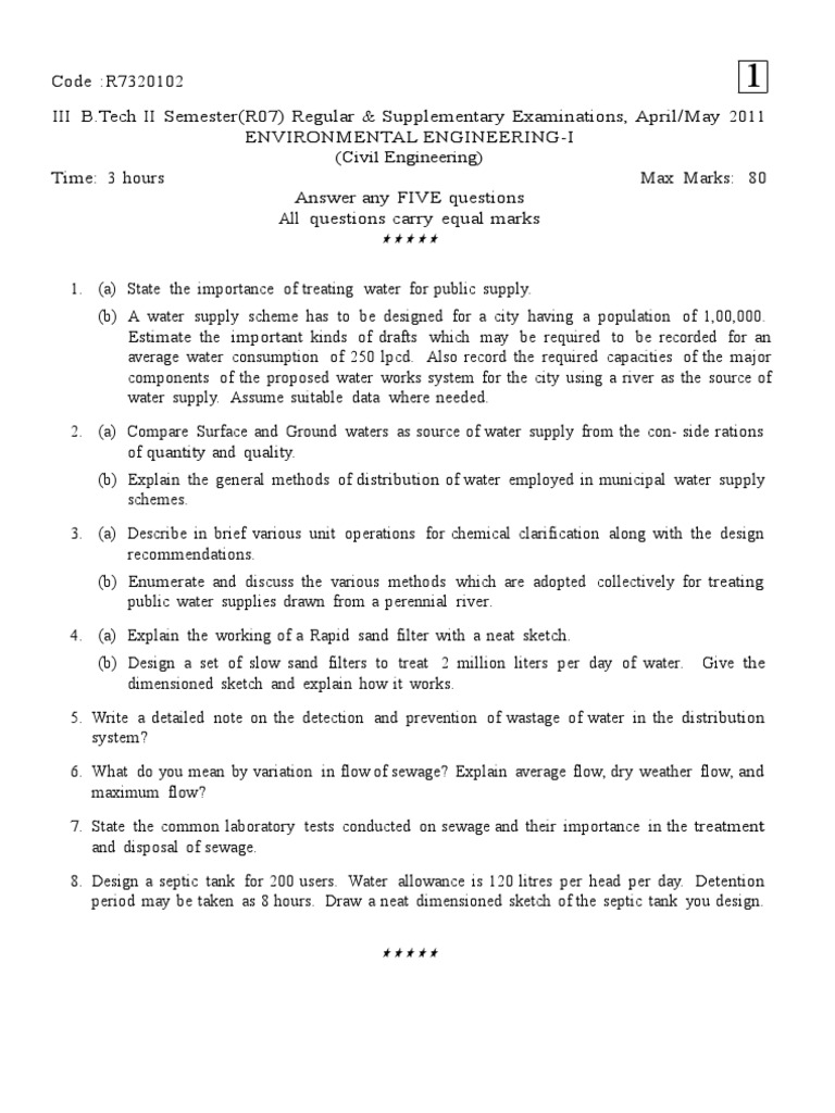 Environmental Engineering Exam Questions | PDF | Sewage Treatment ...
