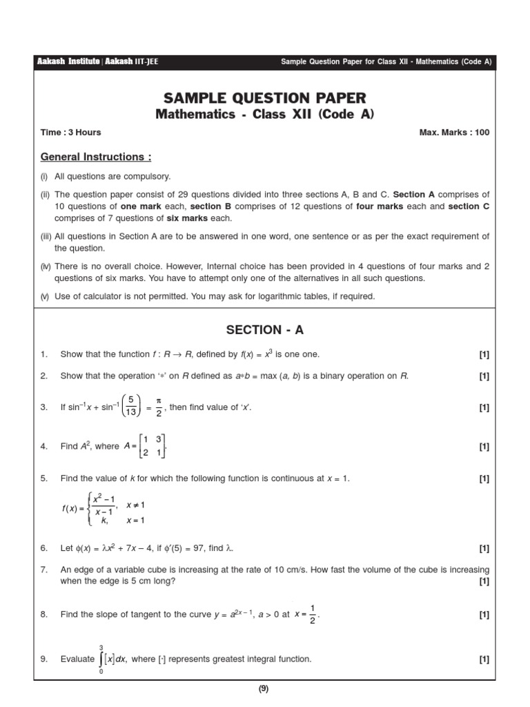 Class XII Mathematics Sample Paper | PDF | Plane (Geometry ...