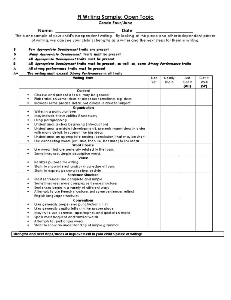 Grade 4 Writing Sample Evaluation Guide | PDF