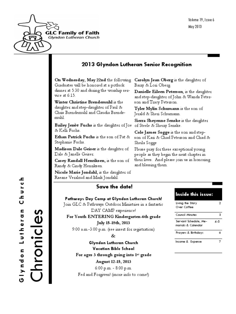 2013 Glyndon Lutheran Senior Recognition Inside This Issue PDF