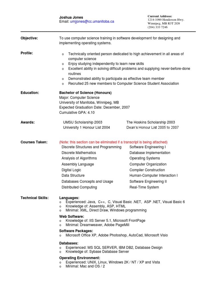 computer science project resume