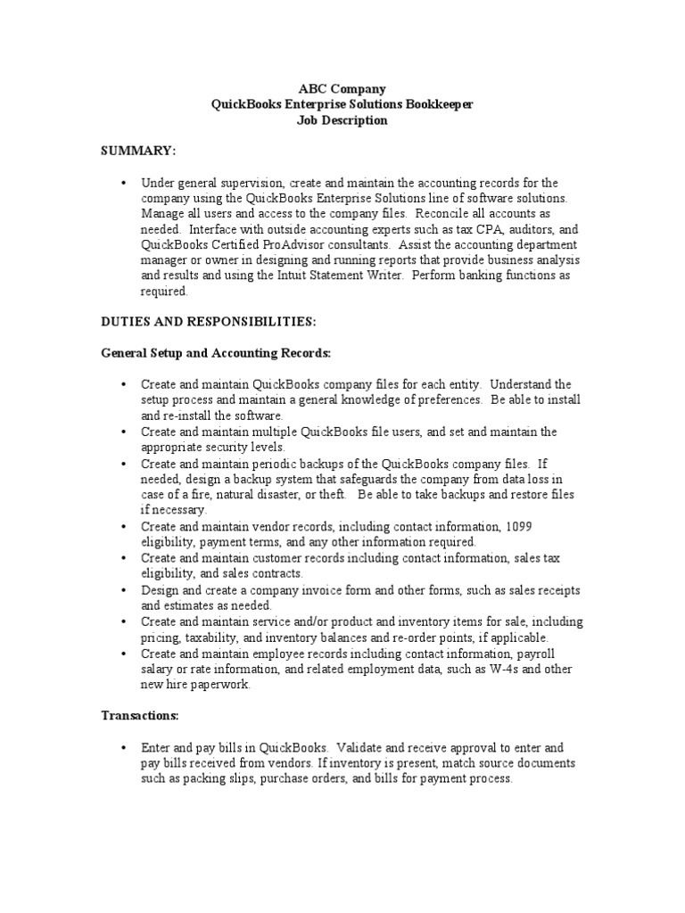 QBEnterpriseSolutionsBookkeeperJobDescription.pdf Quick Books