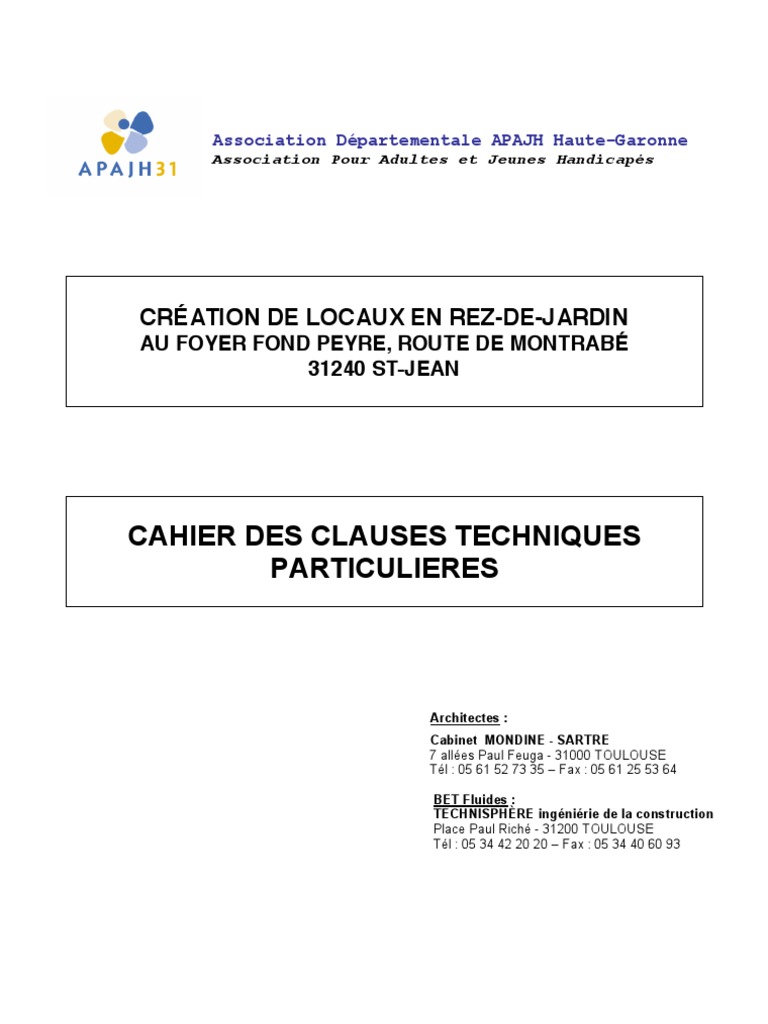 Plan Type D’Un Cctp – Cahier des Clauses Techniques Particulières – HBPB