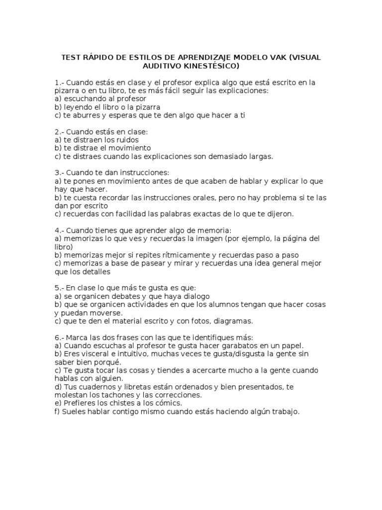 Test Rápido de Estilos de Aprendizaje Modelo Vak | PDF | Cognición ...