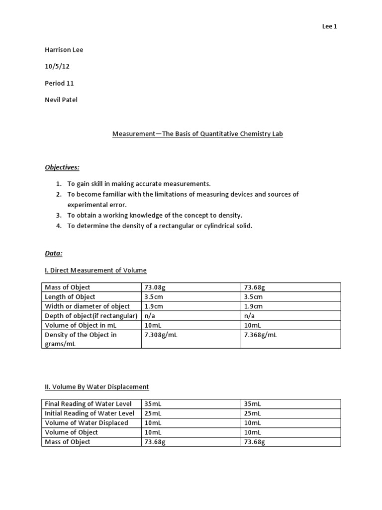 Measurement and Density Lab Report | PDF | Density | Solution