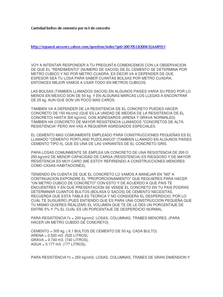 Cuantos Sacos De Cemento Por Metro Cubico De Concreto Cantidad Bultos de Cemento Por m3 de Concreto | PDF | Hormigón | Cemento