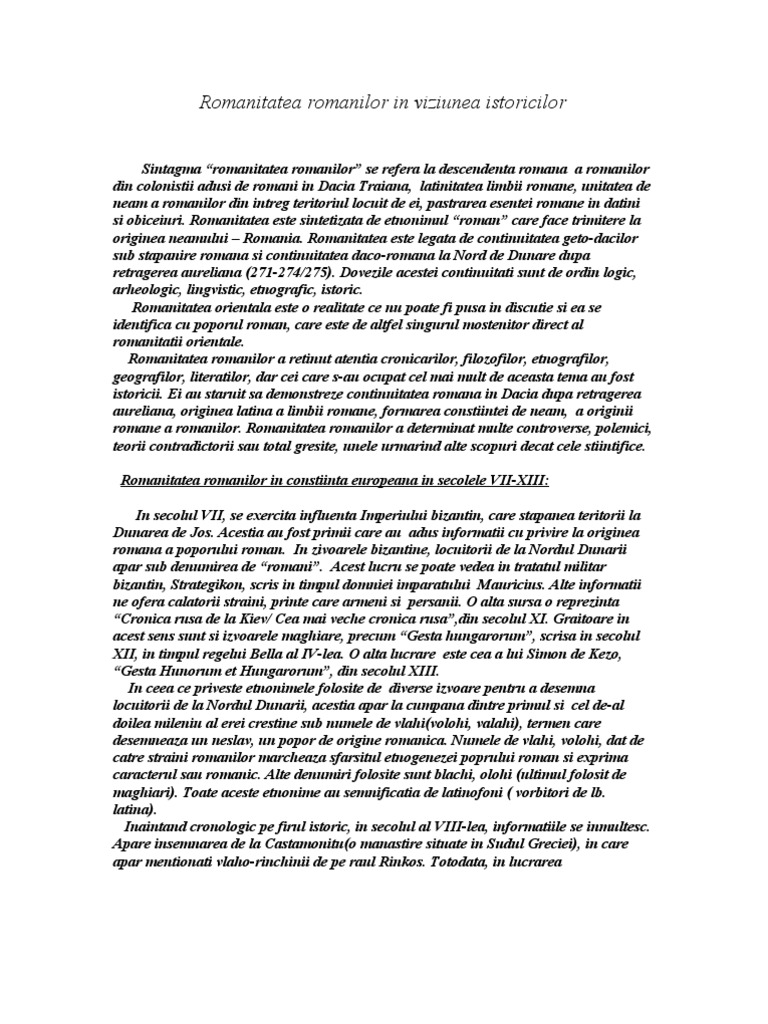 Romanitatea Romanilor in Viziunea Istoricilor