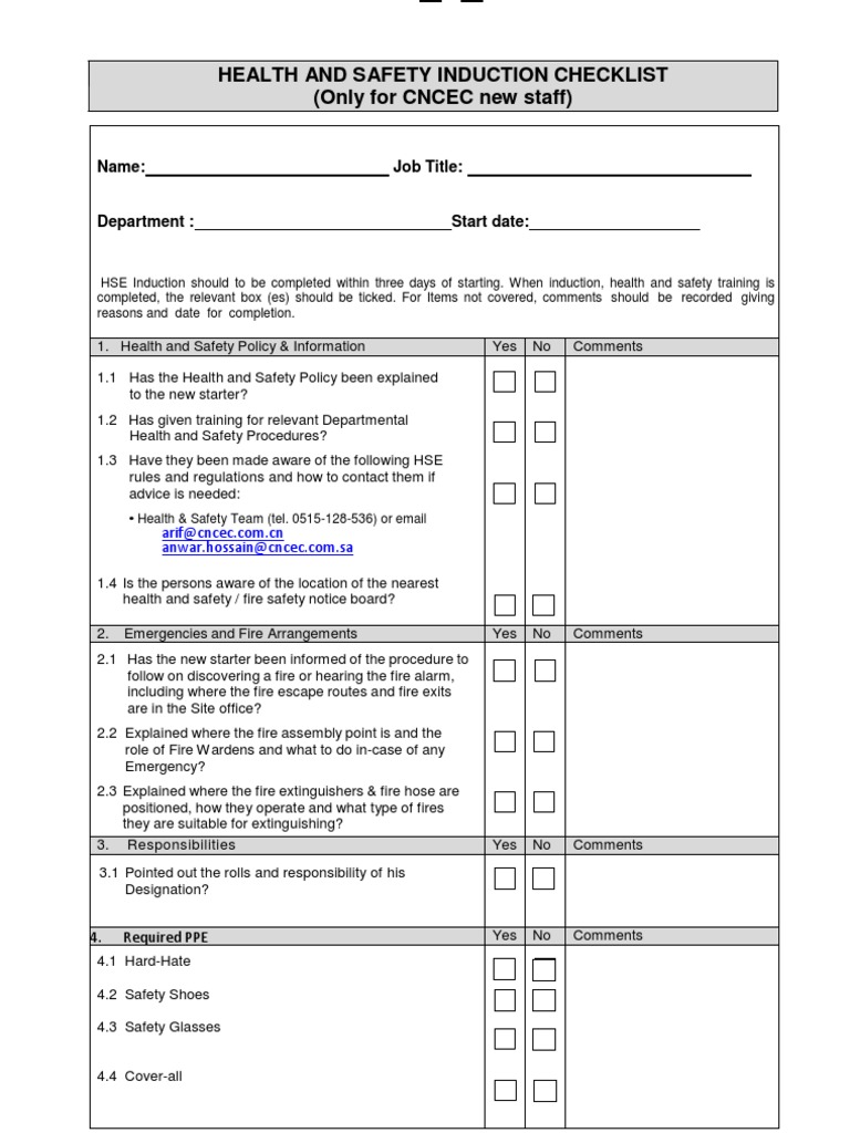 Hse Induction Check List