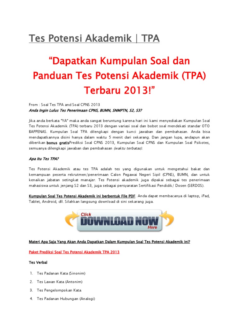 Download Contoh Soal Tes Potensi Akademik Pascasarjana