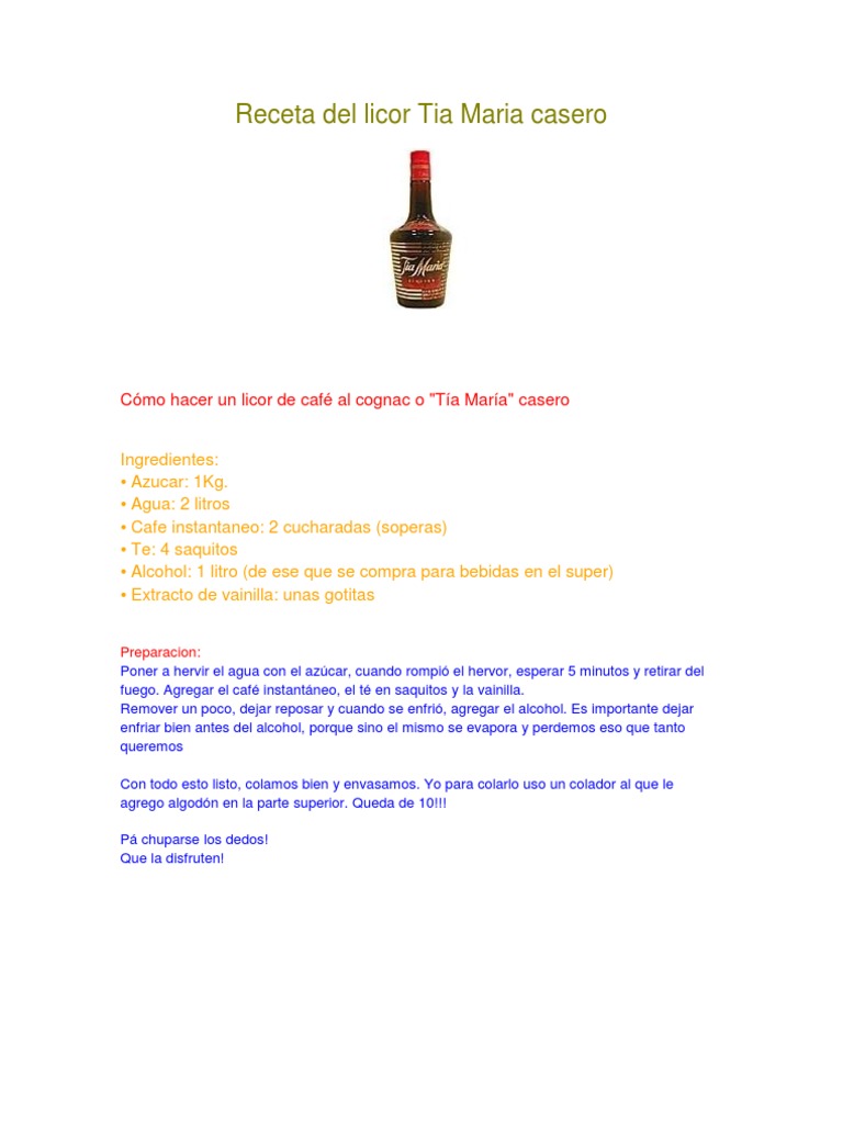 Receta Del Licor Tia Maria Casero | PDF | Bebidas calientes | Bebida