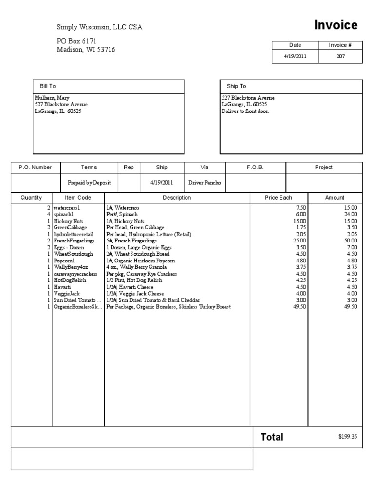Invoice for Organic Produce Order | PDF