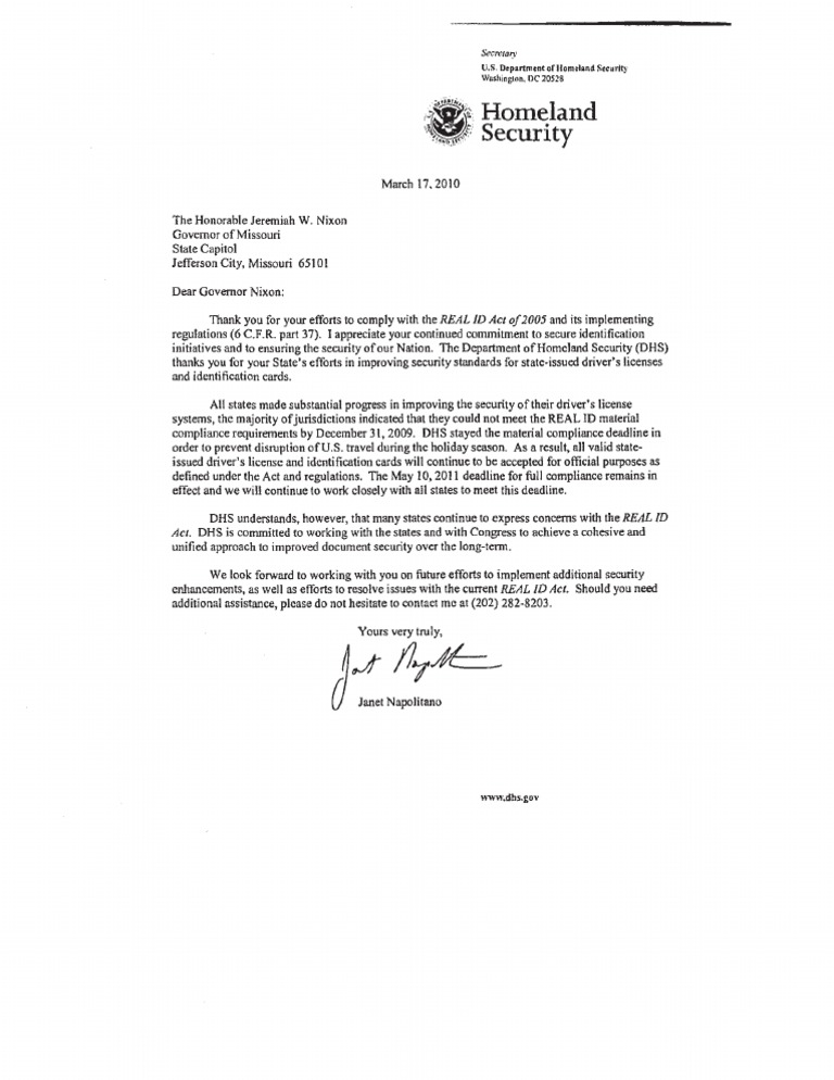 DHS - Letter To Nixon - REAL ID Compliance - Ongoing MO CCW Scandal | PDF