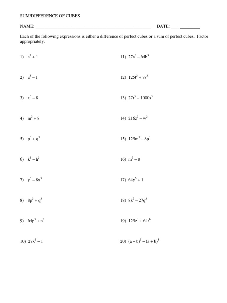 Sum and Difference of Cubes Worksheet