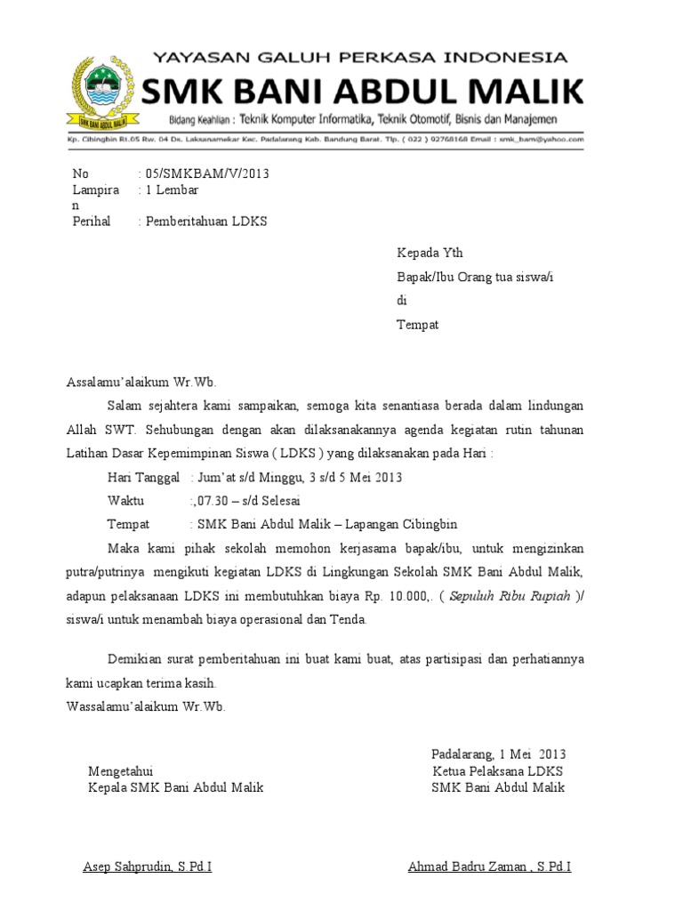 Contoh Surat Pemberitahuan Ldks Smk