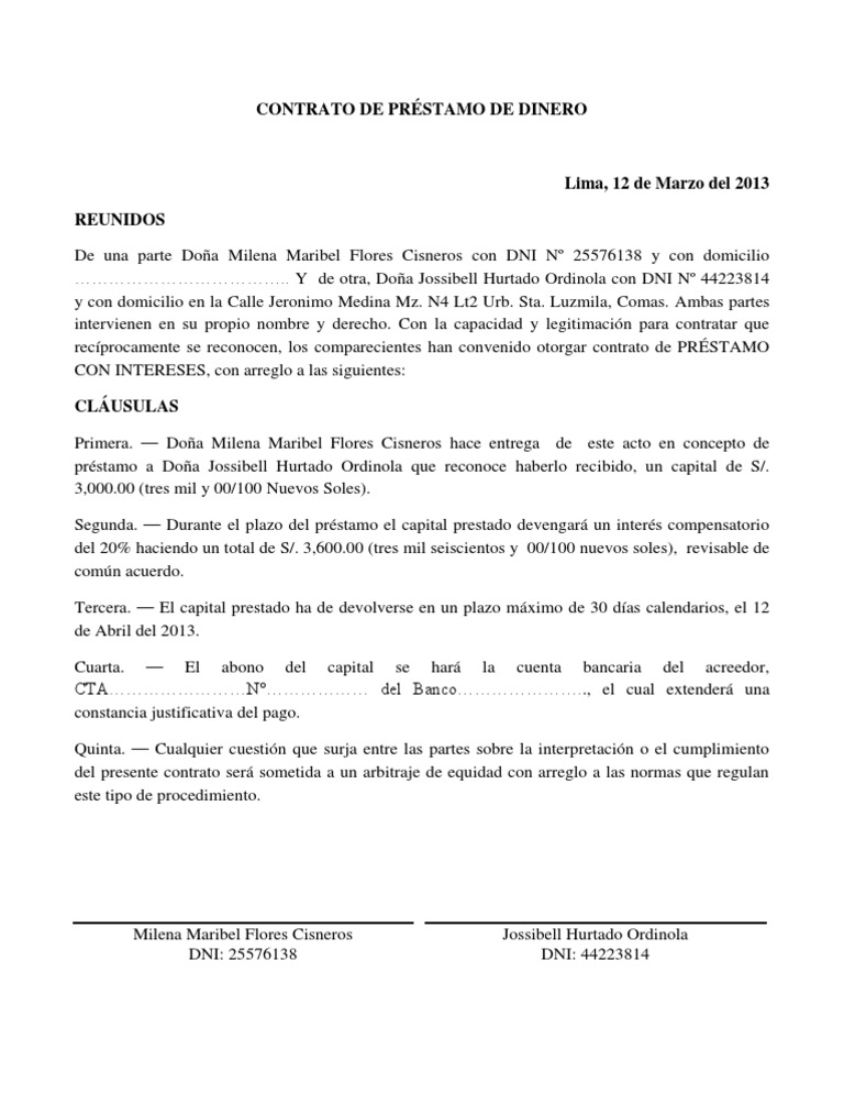 Contrato de Préstamo de Dinero | PDF | Ciencias sociales | Derecho
