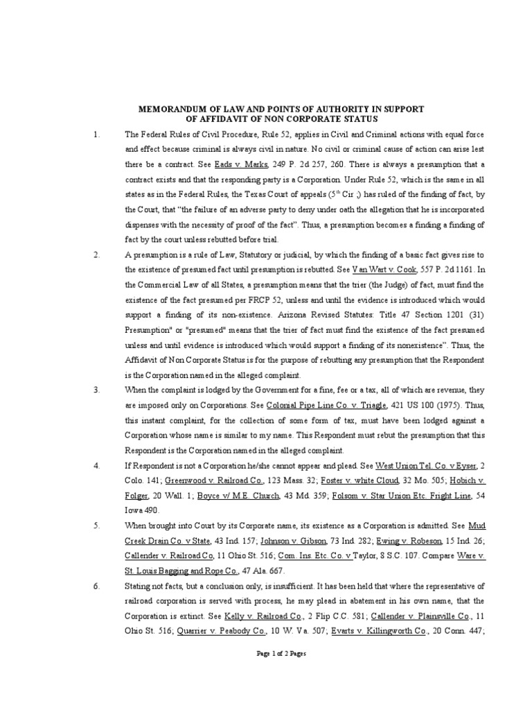 Memorandum of Law and Points of Authority in Support Evidence (Law