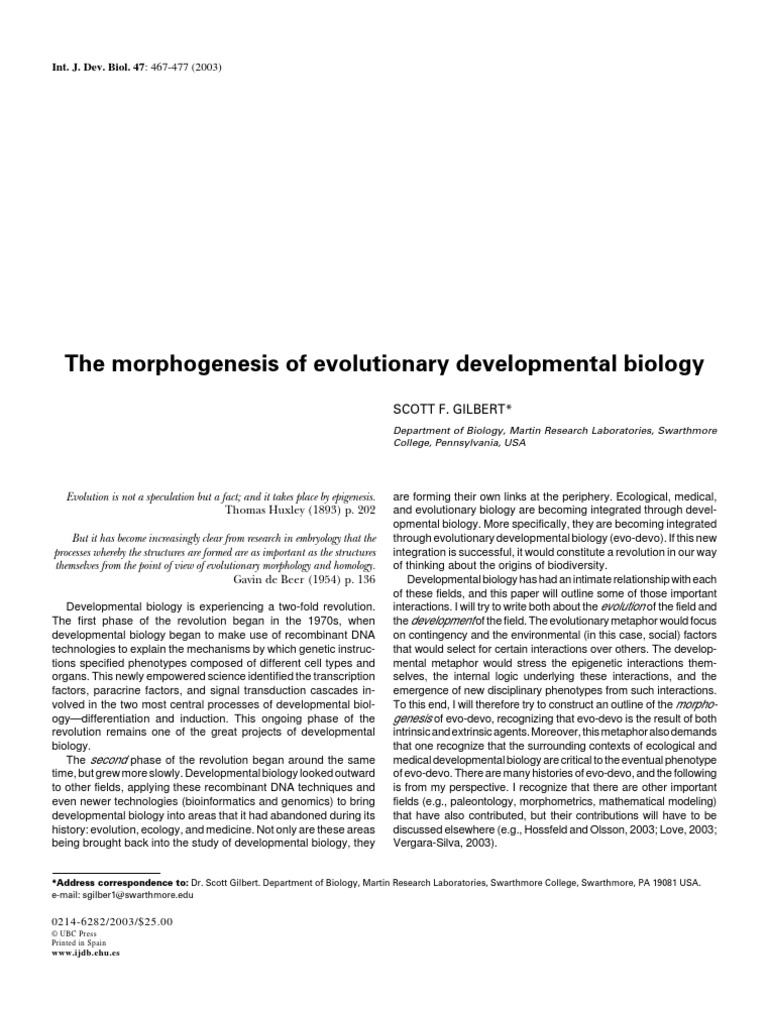The Morphogenesis of Evolutionary Developmental Biology PDF | PDF ...