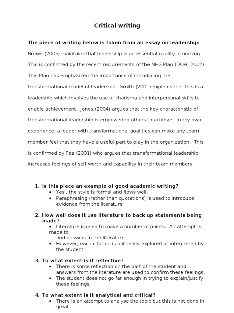 Critical Writing Examples | Transformational Leadership | Charisma