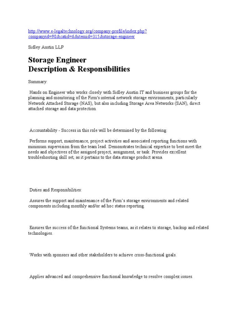 Storage Engineer Description and Responsibilities PDF
