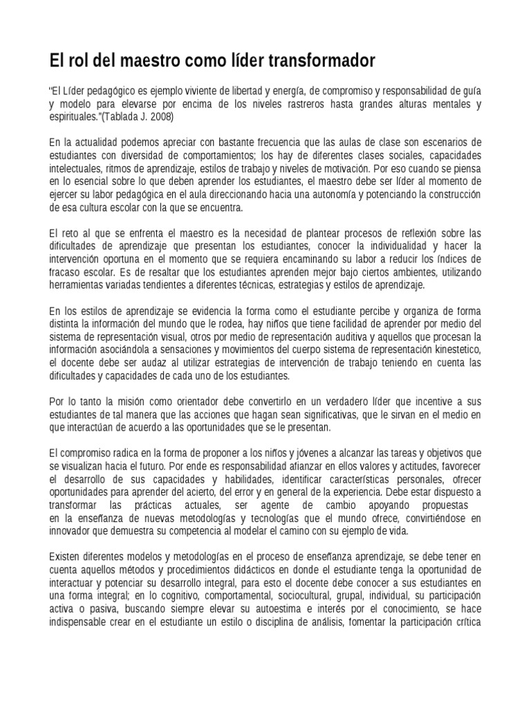 El Maestro como Líder Transformador | PDF | Liderazgo | Aprendizaje