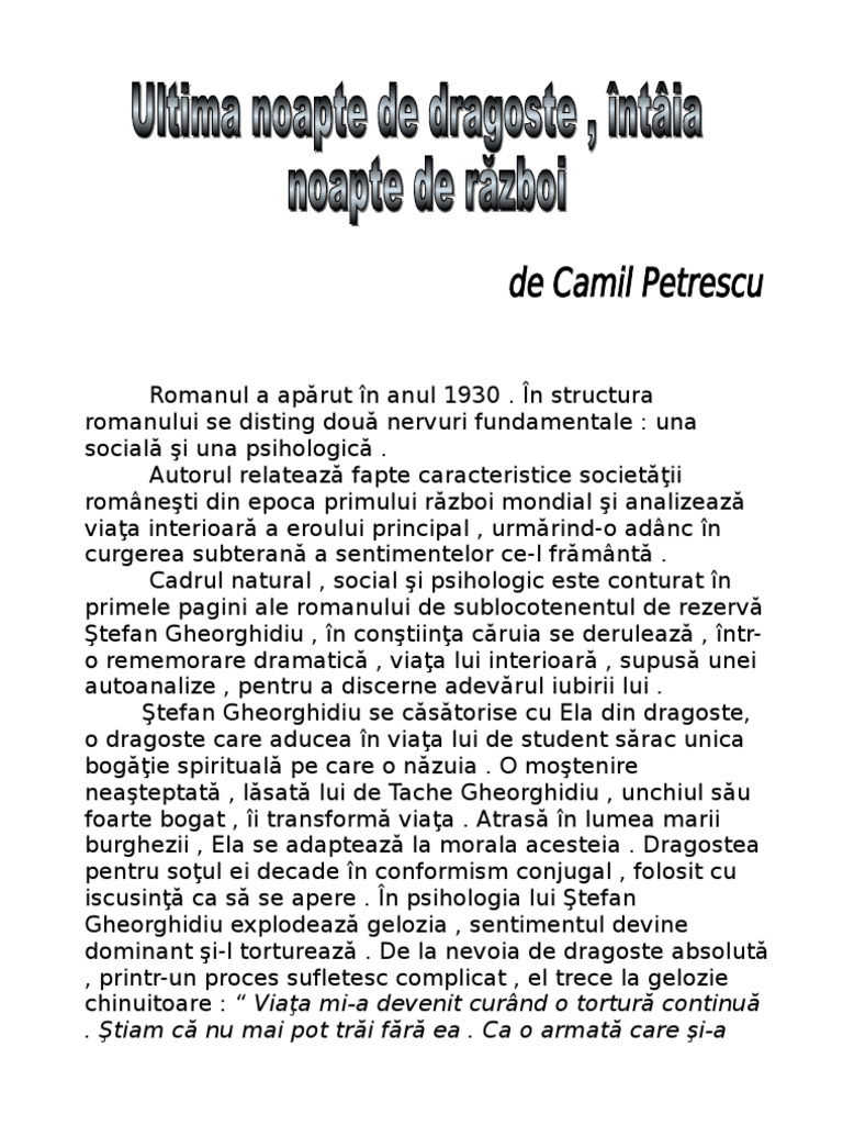 Camil Petrescu Ultima Noapte De Dragoste Intaia Noapte De Razboi
