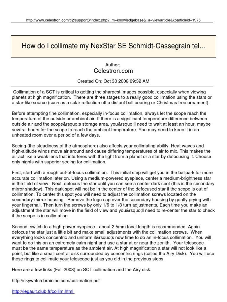 How Do I Collimate My NexStar SE SchmidtCassegrain Telescope SCT PDF