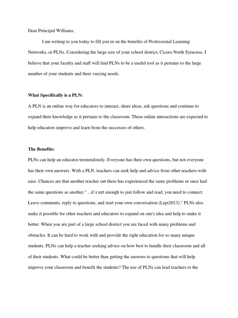 Mock PLN Letter Proposal | PDF | Teachers | Classroom