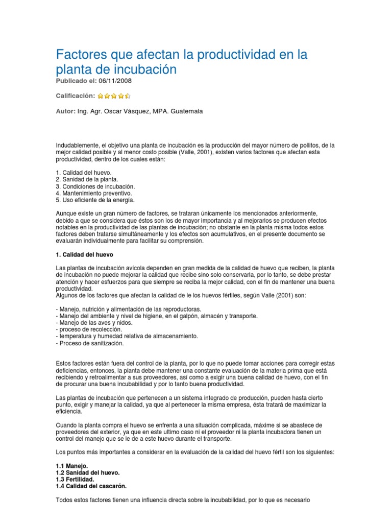 Factores Que Afectan La Productividad en La Planta de Incubación | PDF ...