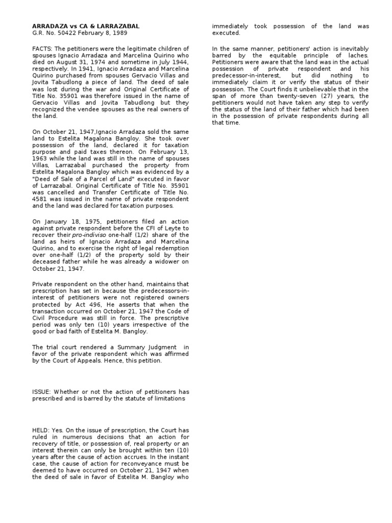 2 Arradaza Vs CA & Larrazabal | PDF | Laches (Equity) | Summary Judgment