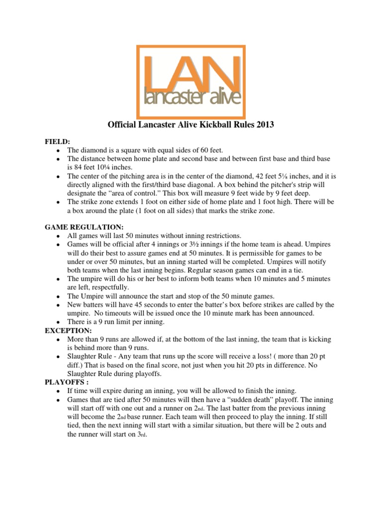 LAN 2013 Kickball Rules PDF Baseball Field Ball And Bat Games