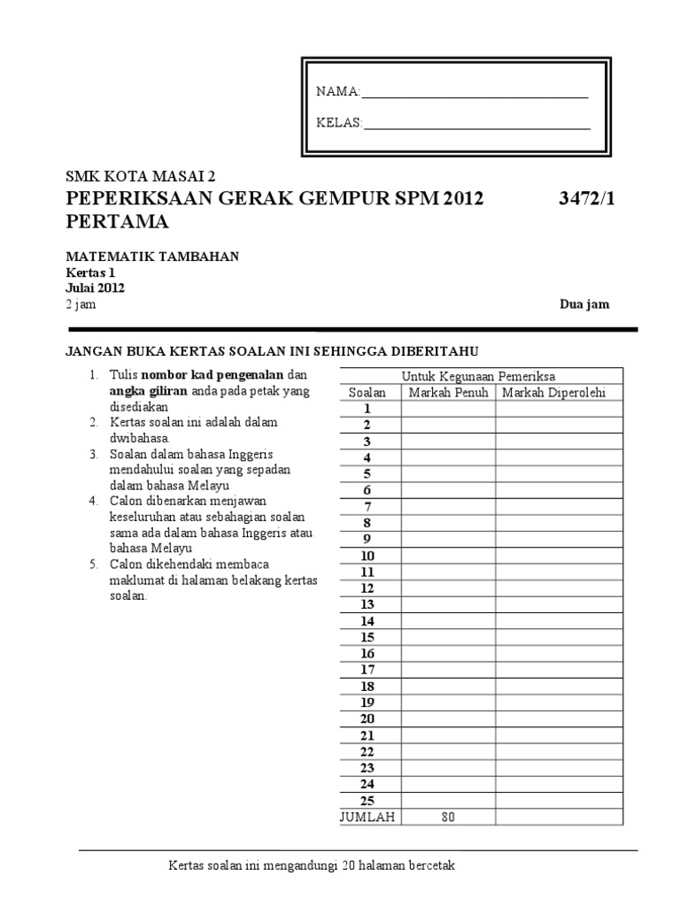 Spm Matematik Tambahan Gerak Gempur Pertama 2012 