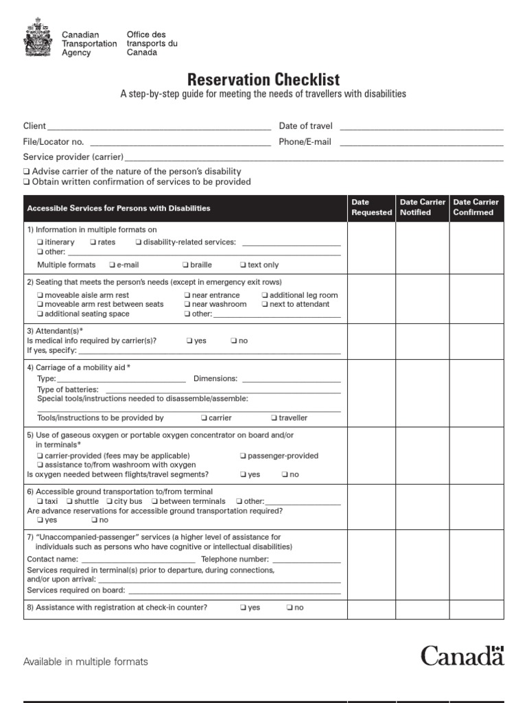 Accessible Travel Reservation Checklist | PDF | Baggage | Disability