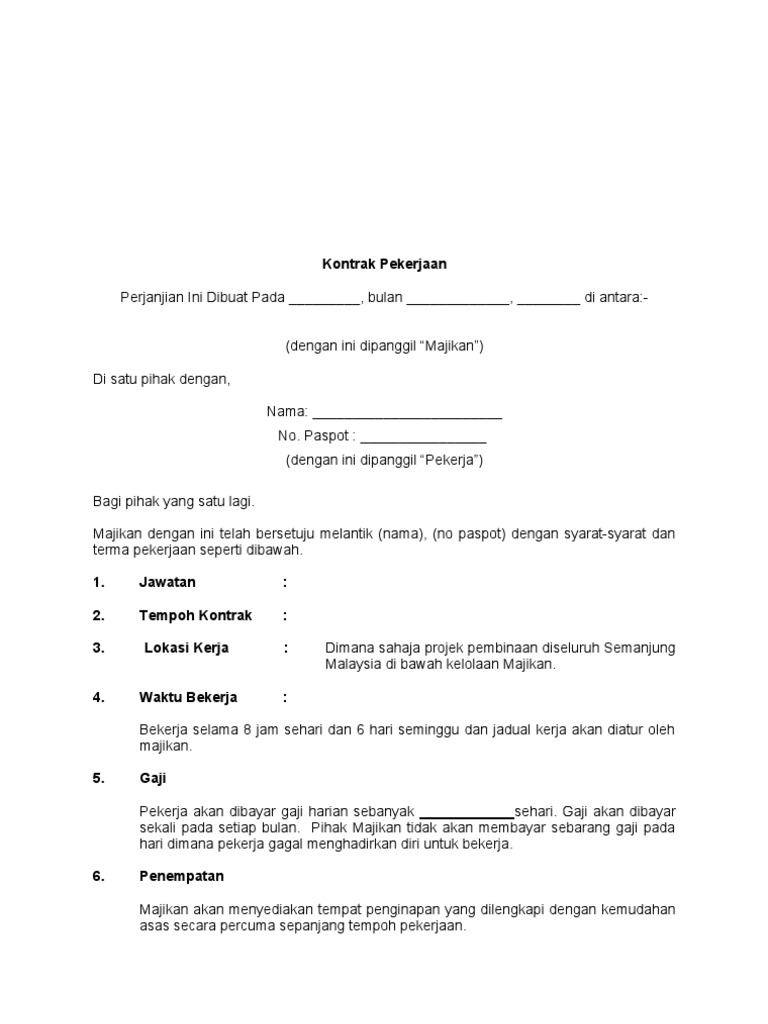 Contoh Surat Kontrak Pekerja Malaysia