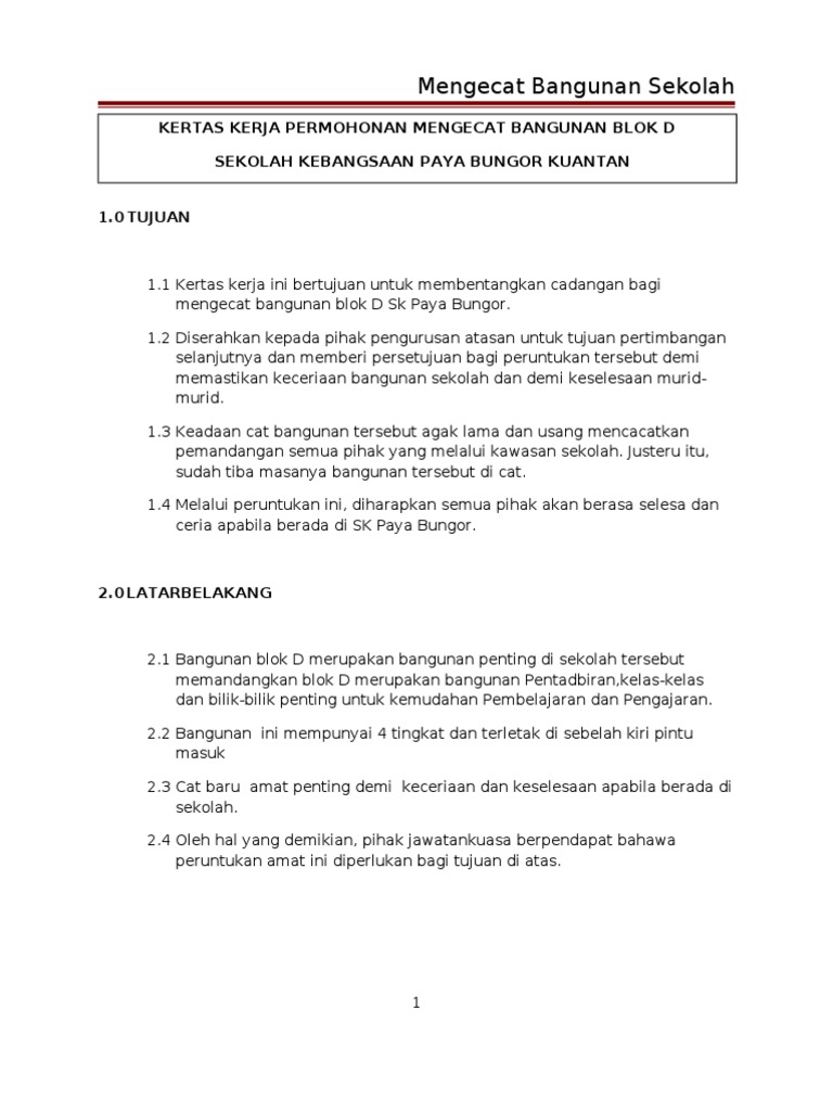 Kertas Kerja Permohonan Cat Bangunan Sekolah