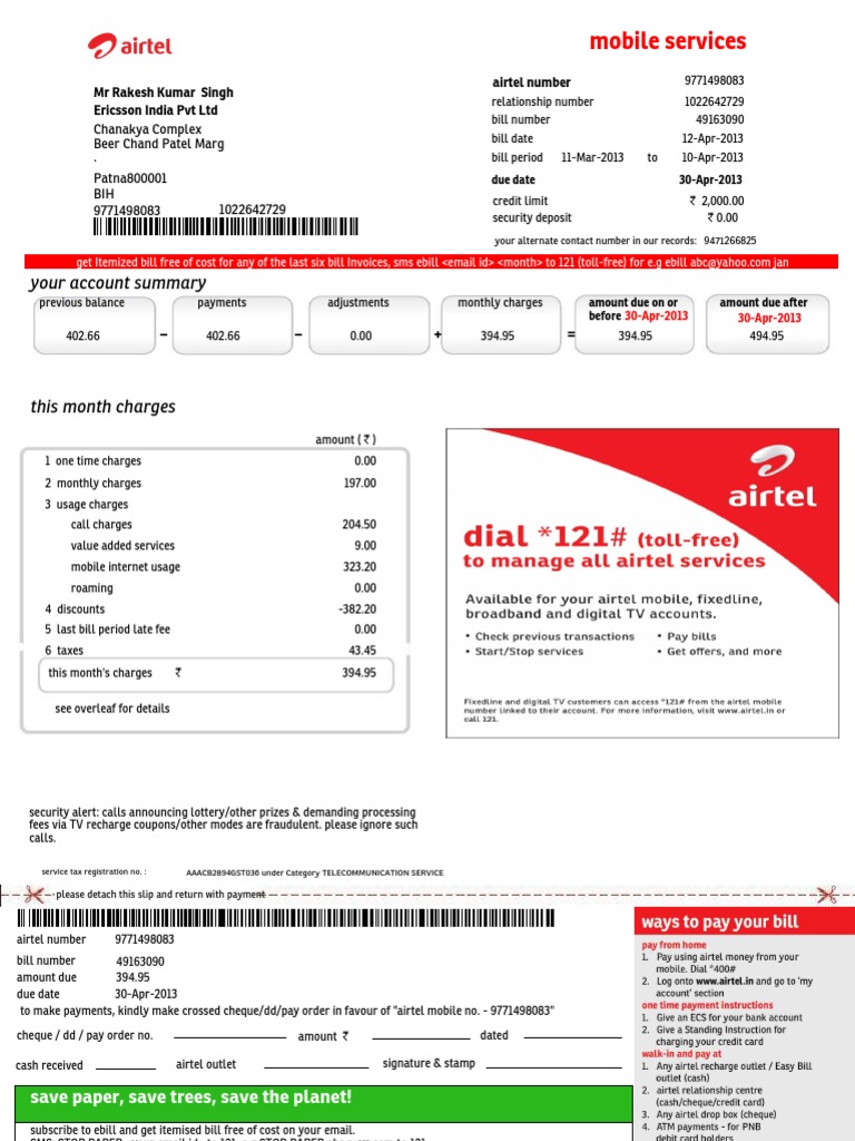 April Airtel Bill PDF Short Message Service Invoice